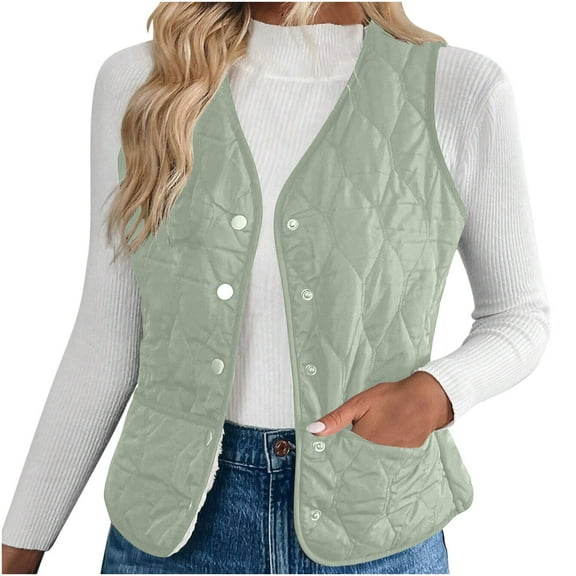 FAIWAD Puffer Vest Women Fleece Lined Button Down Lightweight Waistcoat Sleeveless Warm Quilted Vest for Women