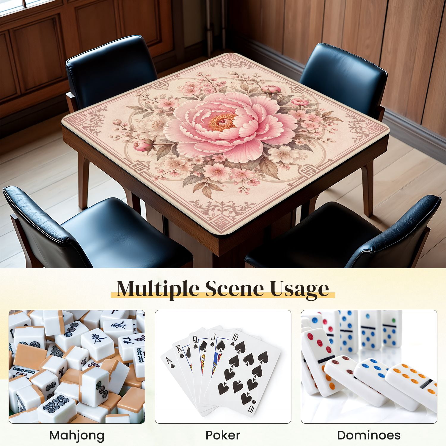 Mahjong Mat 31.5" x 31.5" Pink Peony Cherry Blossom Floral Vintage Elegant Non-Slip Noise Reduction Mahjong Tiles Table Cover for Dominoes Poker Card Board and Tile Games