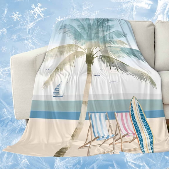 Summer Beach Chair Cooling Blanket, Lightweight Breathable Summer Throw Blanket with Double Sided Cold Effect, Coastal Palm Trees Canoeing Picnic Beach Blankets Bed Sheet for Hot Sleepers 30"x40"