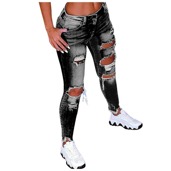 Uqiangy Jeans For Women Ripped Womens Jeans Elastic Jeans Women Chinese Style Printing Loose Ripped Jeans Straight Leg Jeans For Women Baggy Ripped Jeans Adjustable Waist Jeans For Women Black 5XL