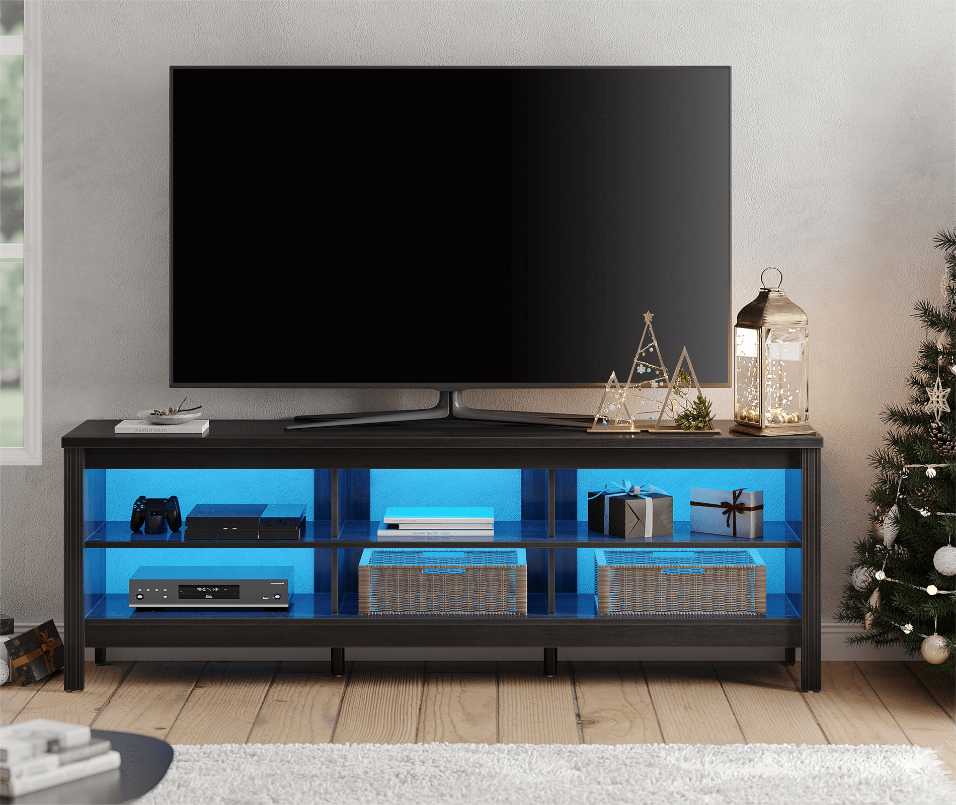 Classic TV Stand for 75 Inch Flat Screen with 16 Color LED, Wood Entertainment Center for Living Room, TV Media Console with Storage, Black, 70 Inch