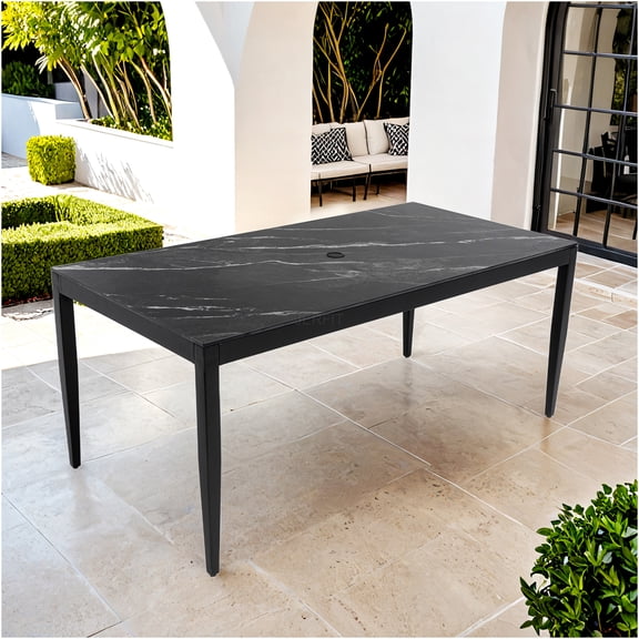JERFIT 6-Person Outdoor Dining Table with Sintered Stone Top, Aluminum Frame, Umbrella Hole, Weatherproof Patio Table for Garden, Poolside, Black