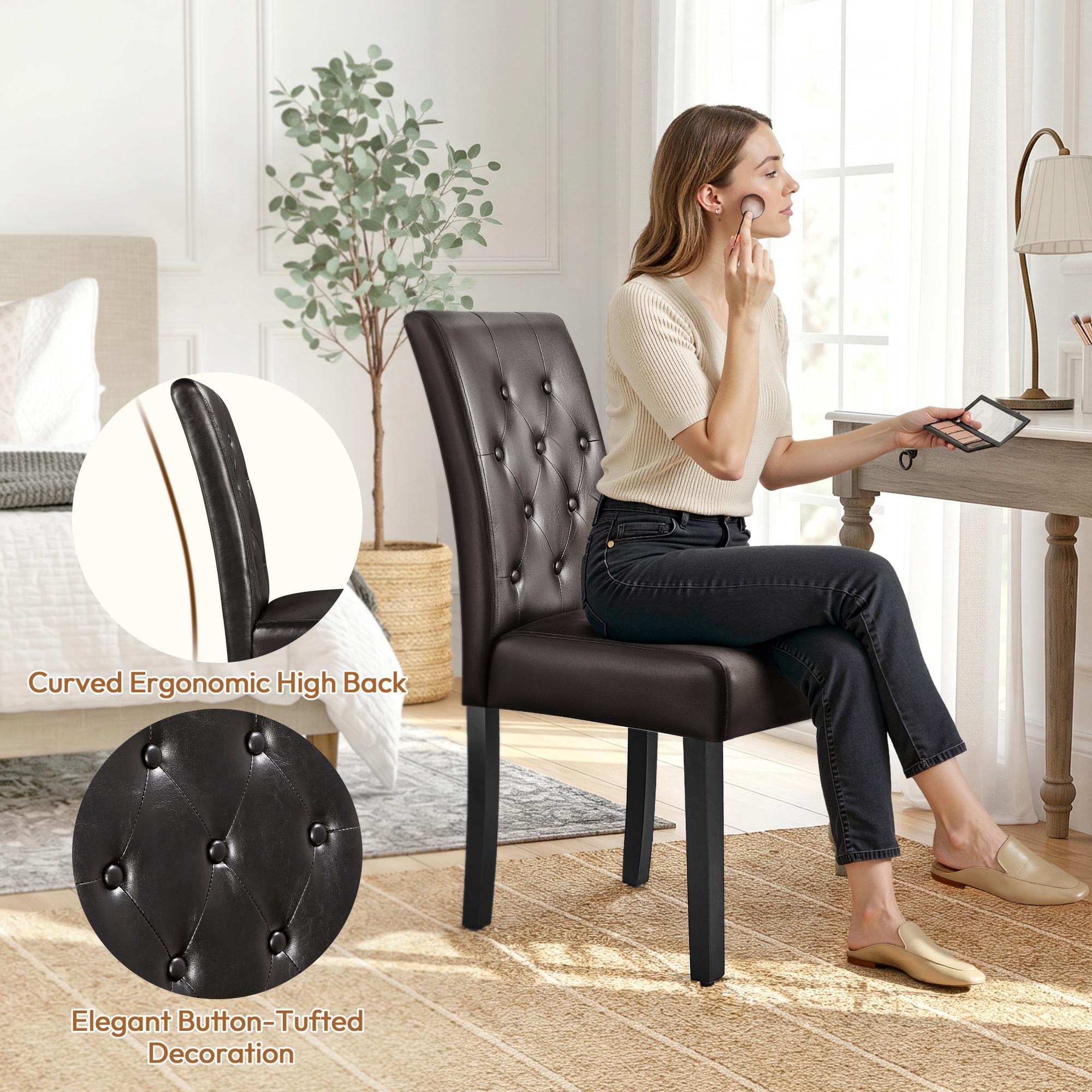 Alden Design Tufted Faux Leather Dining Chairs with Wood Legs for Kitchen, Set of 6, Brown