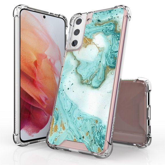 ANJ Hybrid Slim Hard Back Cover Case Flexible Bumper for Samsung Galaxy S21 Plus - Marble Pattern (Green)
