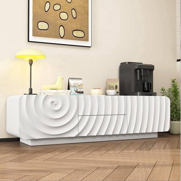 UZUGUL 58" TV Stand with Storage Cabinet, Entertainment Center with Spiral Wave Design, White