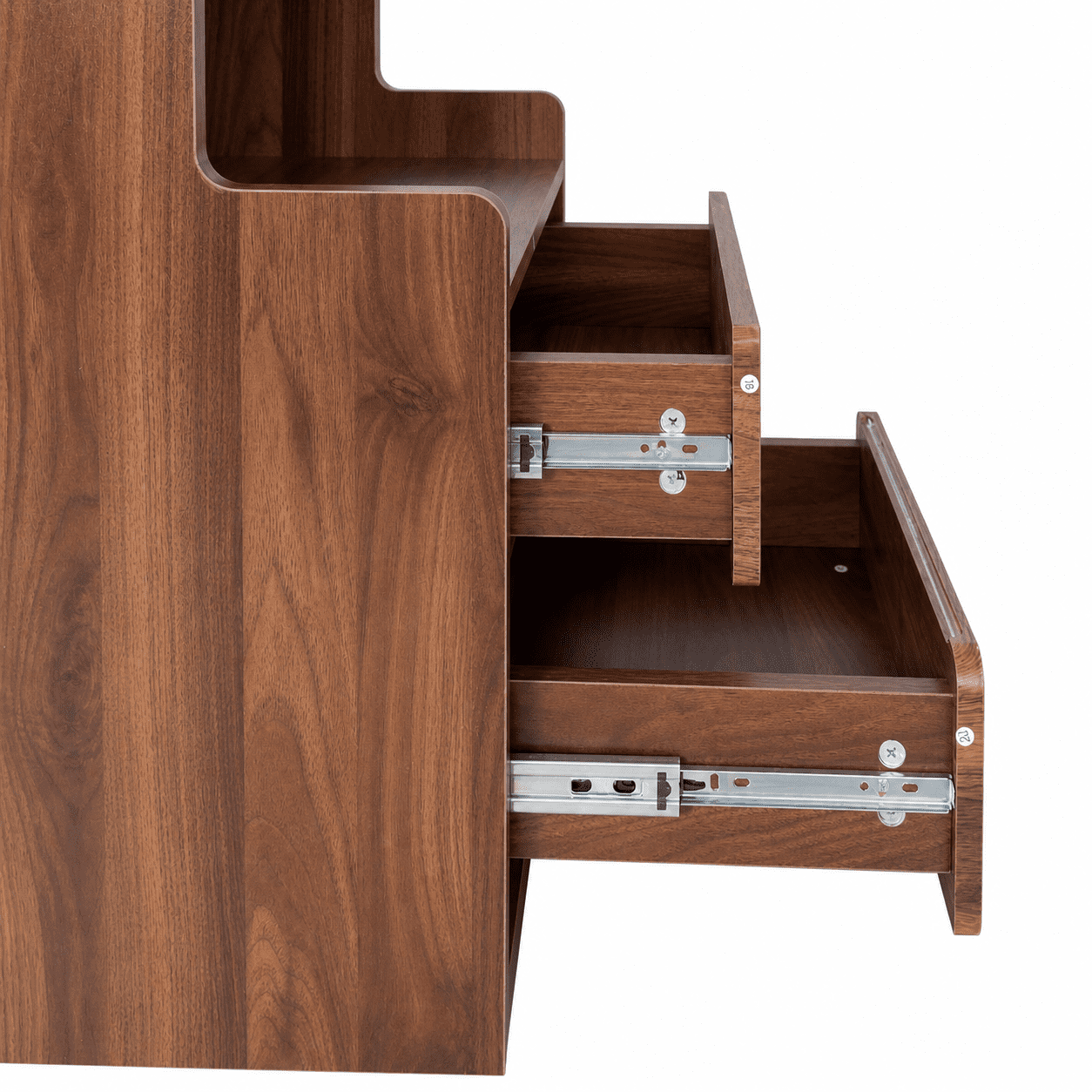 Tall Nightstand with Glass Door, Mid-Century Modern Bedside Table with Open Shelves and 2 Drawers, Walnut Wood Night Stand & Bookshelf for Bedroom, Living Room