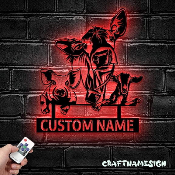Craftnamesign Custom Farmhouse Metal Wall Art LED Light, Animal Livestock Sign, Farm Decor