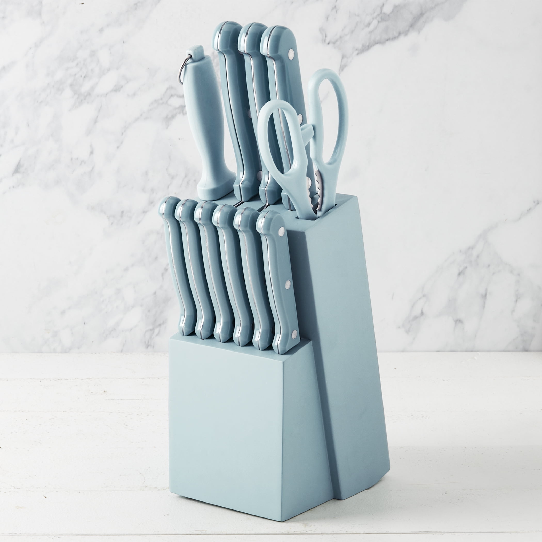 Basic Essentials 12 Piece Stainless Steel Kitchen Knife Set with Wood Block, Blue