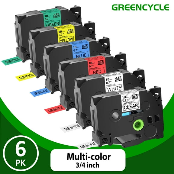 GREENCYCLE 6PK TZe 141 241 441 541 641 741 Compatible for Brother P-touch 18mm Black on Clear White Red Blue Yellow Green Laminated Label Maker Tape