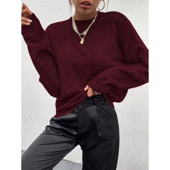 Womens Burgundy Crew Neck Long Sleeve Sweater, Soft Knit Pullover Top