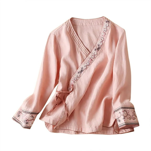 KBZDBZC Blouses for Women Casual Women's Cotton Linen Button Short Sleeve Shirts Summer Loose Crew Neck Casual Boho Top Vintage Embroidered Blouse Tops Women's T-Shirt Women Blouse (Pink,M)