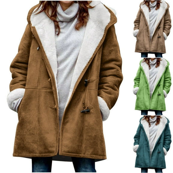 Olyvenn Women Hoodies Fleece Jackets Soft Fuzzy Long Hoodie Sweatshirt Casual Sherpa Hoodies Horn Button Coats Winter Coffee L