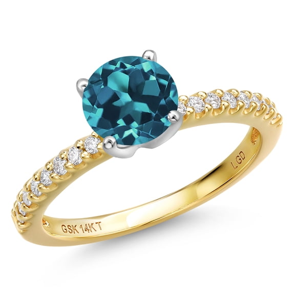 Gem Stone King 14K Two Tone Gold London Blue Topaz and Lab Grown Diamond Engagement Ring for Women | 1.86 Cttw | Round 7MM | Gemstone November Birthstone | Size 9