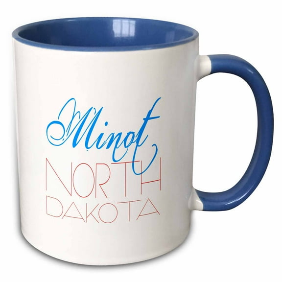 3drose, Elegant Impressive Text Minot North Dakota of Blue, Red Colors, 15oz Two-tone Blue Mug