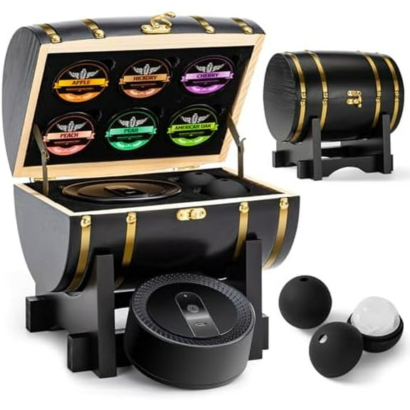 Electric Whiskey Smoker Kit with Wooden Display Barrel, Rechargeable Cocktail Smoker Kit with 6 Premium Wood Chips for Old Fashioned & Whiskey – Bar Gift for Men, Dad, Husband (No Butane Needed)