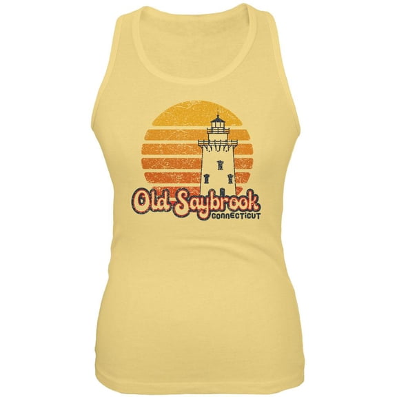 Retro 70's Sunset Old Saybrook Lighthouse Juniors Soft Tank Top Yellow MD