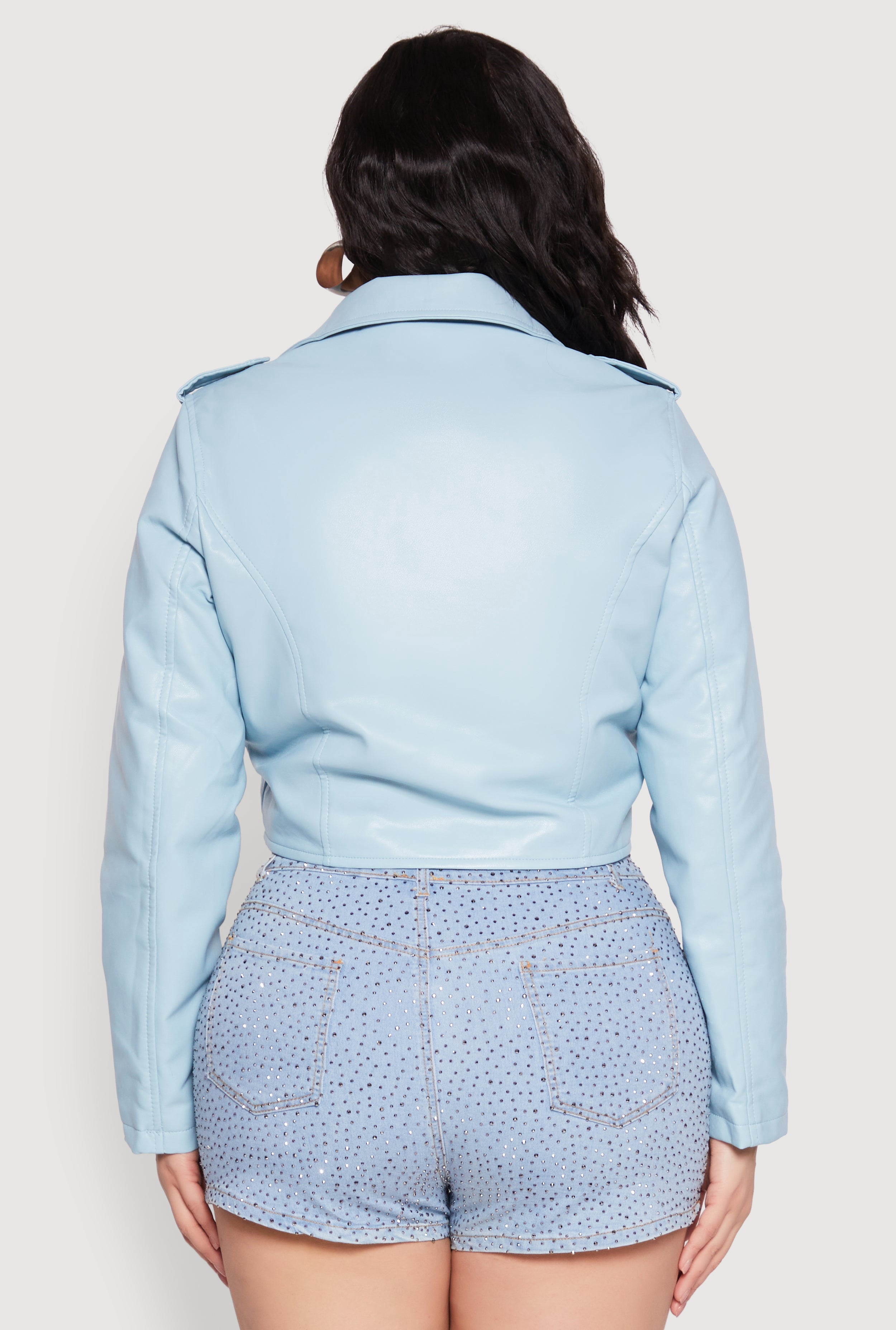 Womens Plus Size Daisy Faux Leather Cropped Moto Jacket