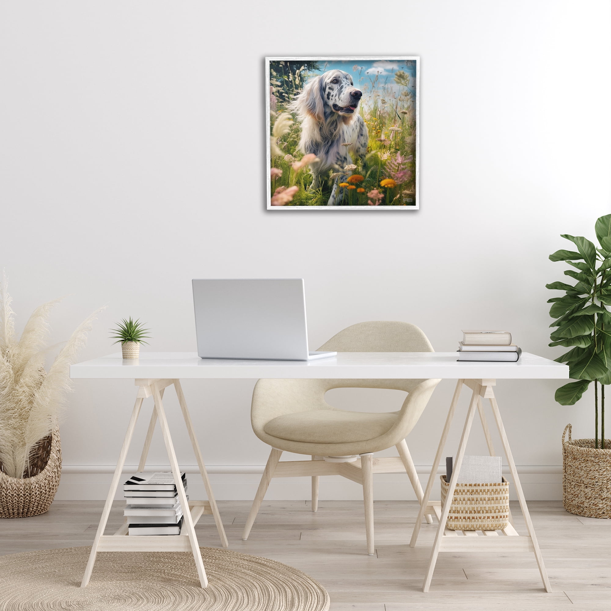 Stupell Industries Happy Dog Among Flowers Landscape Painting White Framed Art Print Wall Art, 24 x 24