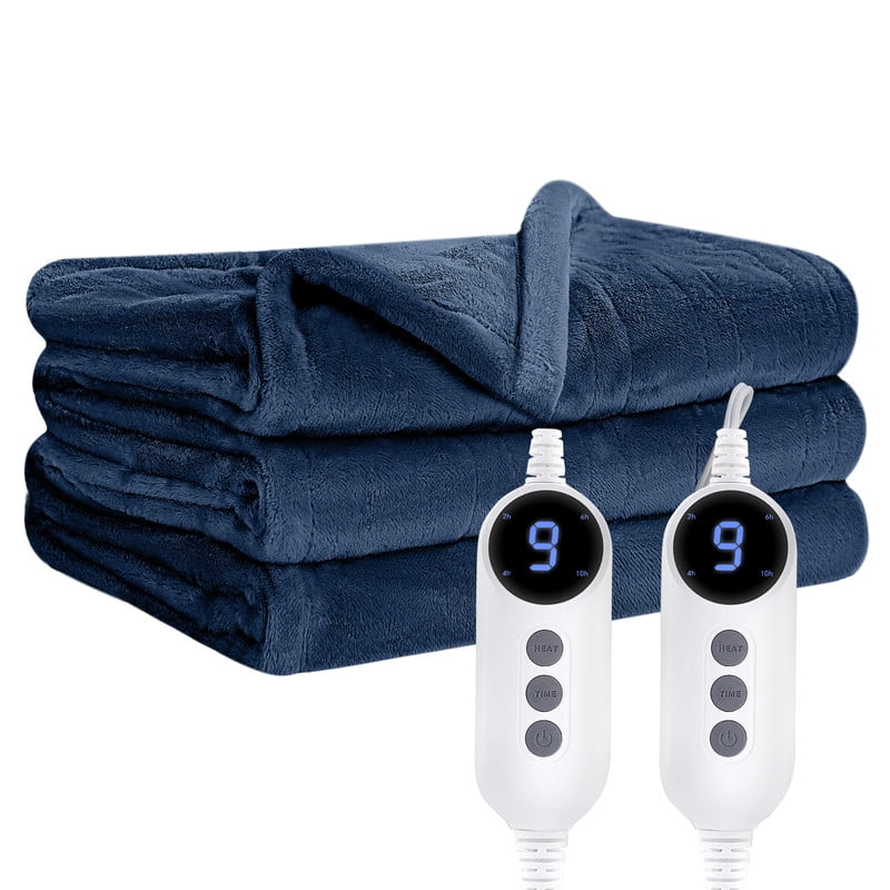 Vccoem Dual Control Heated Throw Blanket, Queen Size 84"x90", Dual-Sided Flannel & Sherpa, 9 Heat Settings, 2-10 Hour Auto Shut-off, Machine Washable Electric Blanket for Couch & Bed, Navy Blue
