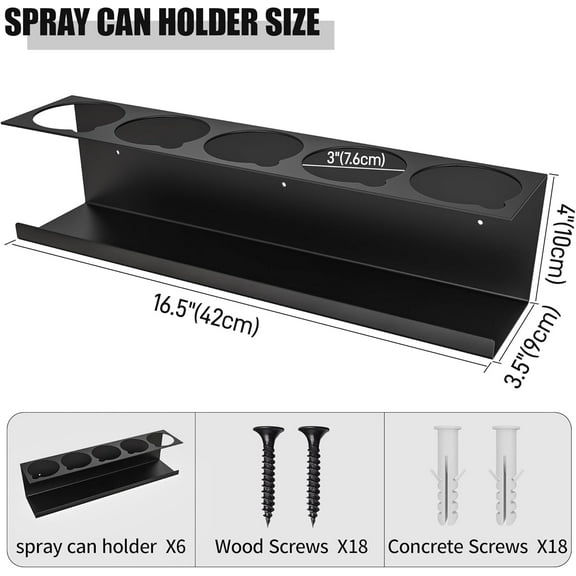 6 Pack Spray Bottle Holder Wall-Mounted, Heavy-Duty Paint Can Storage Rack with 30 Holes, Steel Black Spray Organizer for Garage, Shop, Home