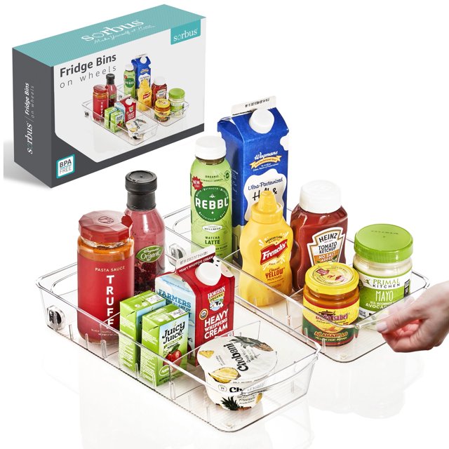 Sorbus Organizador de Refrigerador con Ruedas Mediano, Paquete de 2: Organizadores de Refrigerador Desplegables y Almacenamiento de Diseño Transparente con Divisores y Asas para la Organización