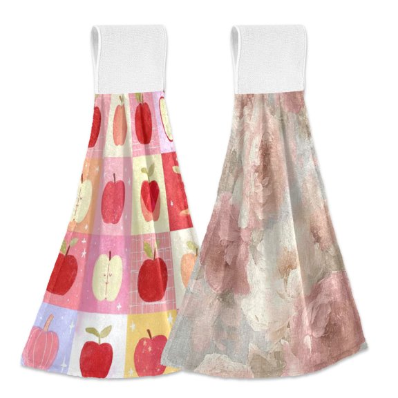 IAUYY Kitchen Hanging Towels Set of 2 100% Polyester Absorbent, Super Soft Hand Towels with Hanging Loops for Bathroom Kitchen Cute Cartoon-style Design Colored Floral Patterns