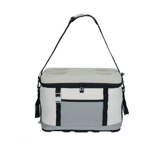 hielera colapsable kalet Promolife con cierre superior de doble cursor, asa de hombro ajustable y base rígida; bolso rectangular gris y crema con bolsillo frontal, hebilla lateral y superficie superior con posavasos, vista frontal sobre fondo blanco, ideal para camping y excursiones.