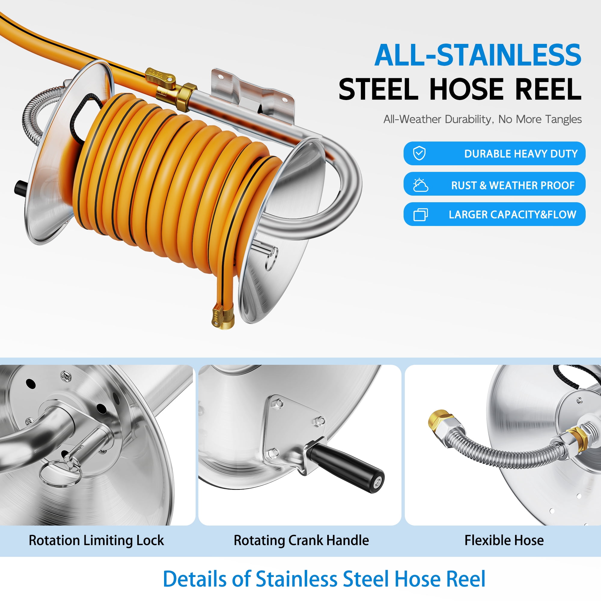 FANHAO Standing or Wall Mounted Garden Hose Reel, Outdoor Heavy-Duty Water Hoses Holder Winder, Holds 125 Ft of 5/8-Inch Hose, Brass Fitting (Hose Not Included)