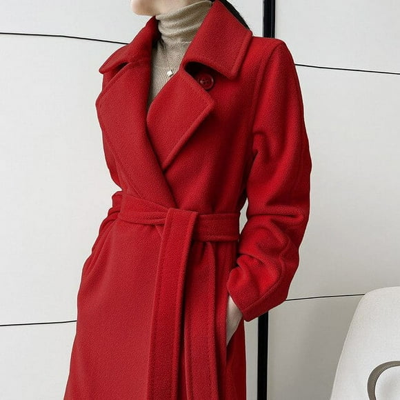 QueenLine High-end Cashmere Camel Winter Mid-length Sheep Wool Thickening Red Classic Temperament Coat
