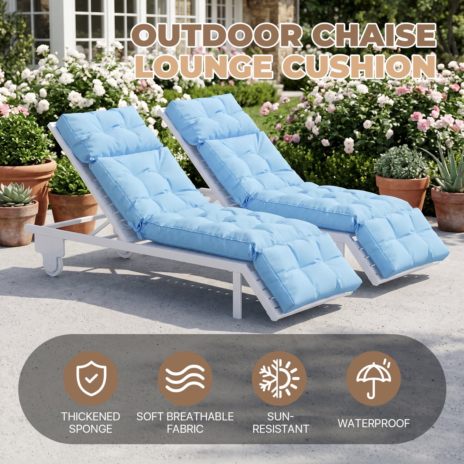 BaPiPro Set of 2 Upgraded 4-Segment Chaise Lounge Cushions, All-Weather Tie Fastened Pads with Plush PP Cotton, for Patio, Poolside & Balcony, Sky Blue