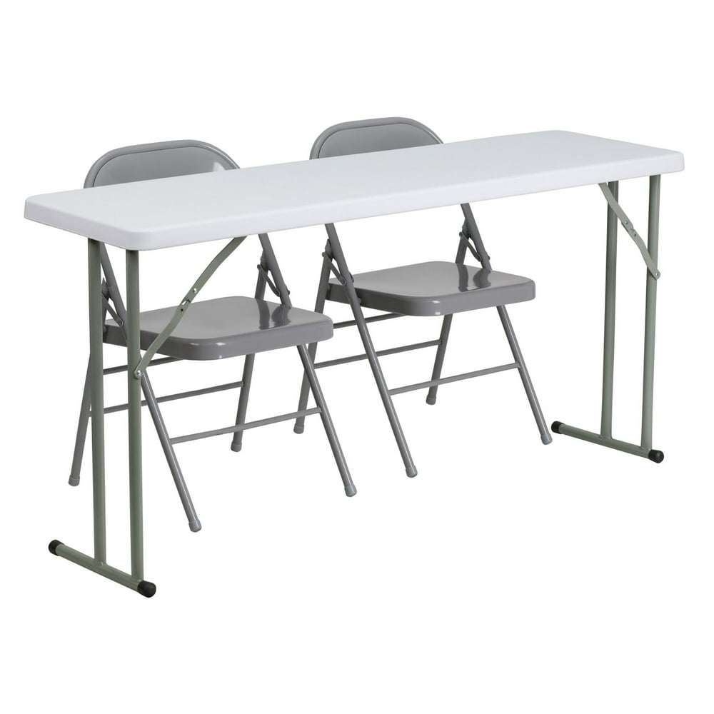Flash Furniture 18'' x 60'' Plastic Folding Training Table with 2 Gray Metal Folding Chairs 