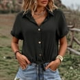 thumbnail image 2 of Women Summer Tops Women's Summer New Solid Color Button Up Cardigan With Tie Up Short Sleeves Womens Tops Casual Fit Stretch T Shirt Women Athletic Shirts Shorts Colorful Undershirts Ladies Black XL, 2 of 5