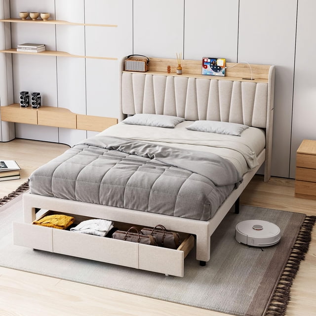 Full Size Bed Frame with Drawer, Upholstered Platform Bed Frame with Storage Headboard and Charging Station, Mattress Foundation with Solid Wooden Slats Support, No Box Spring Needed, White