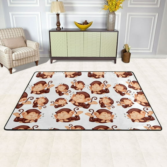 Cute Monkey Sleeping Area Floor Mats 36" x 24" Soft Non-Slip Large Rugs Nursery Memory Foam Carpets Living Room Doormat for Bedroom Dinning Decor