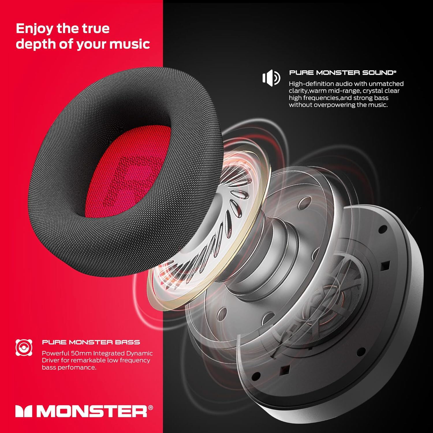 Monster Elements Air Bluetooth On-Ear Headphones, Detachable Pro Mic, 50mm Dynamic Drivers, 60-Hour Playtime, Protective Case