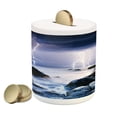 thumbnail image 1 of Nature Piggy Bank, Summer Storm Beginning with and Beams over the Rocky Coast Waves Mystic Image, Ceramic Coin Bank Money Box for Cash Saving, 3.6" X 3.2", Grey Purple, by Ambesonne, 1 of 4