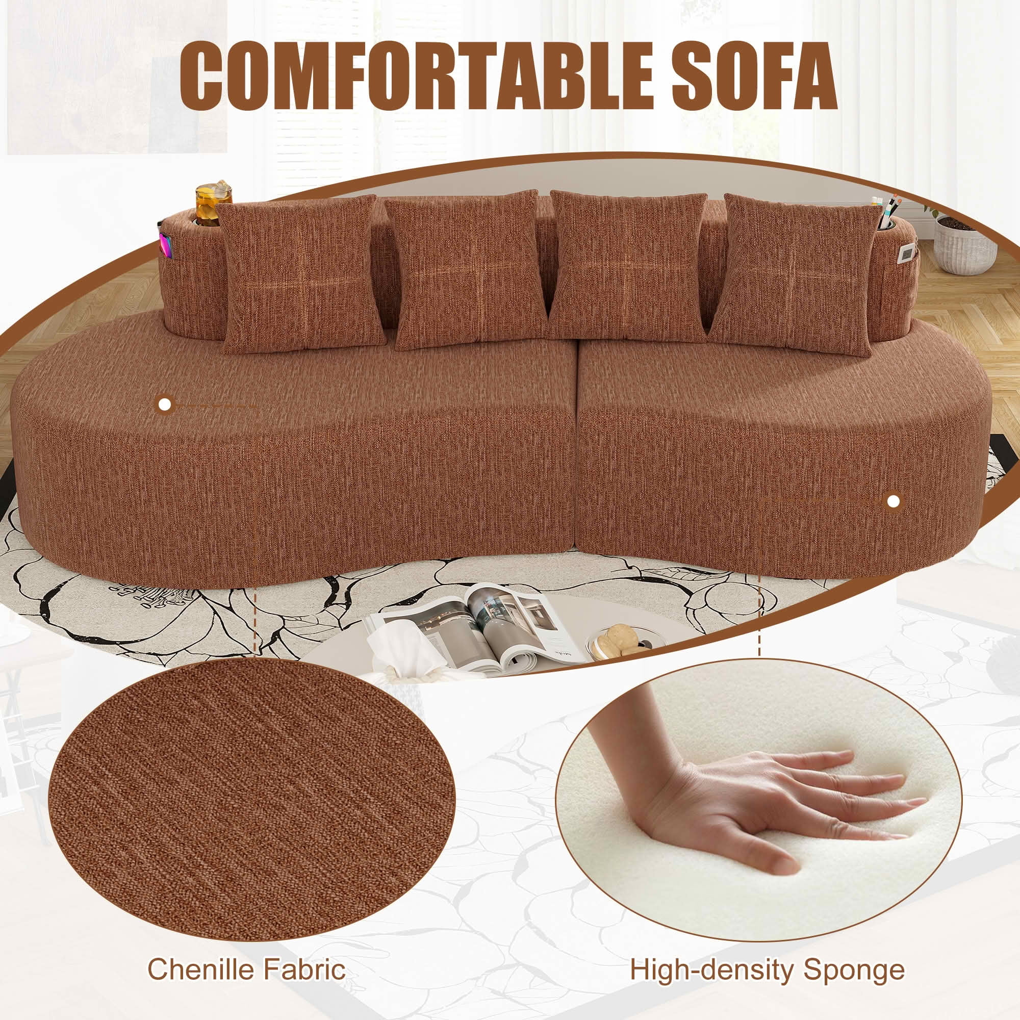 MAYEERTY Curved 3-Seat Modular Sectional Sofa, Minimalist Half Moon Chenille Couch for Living Room & Apartment