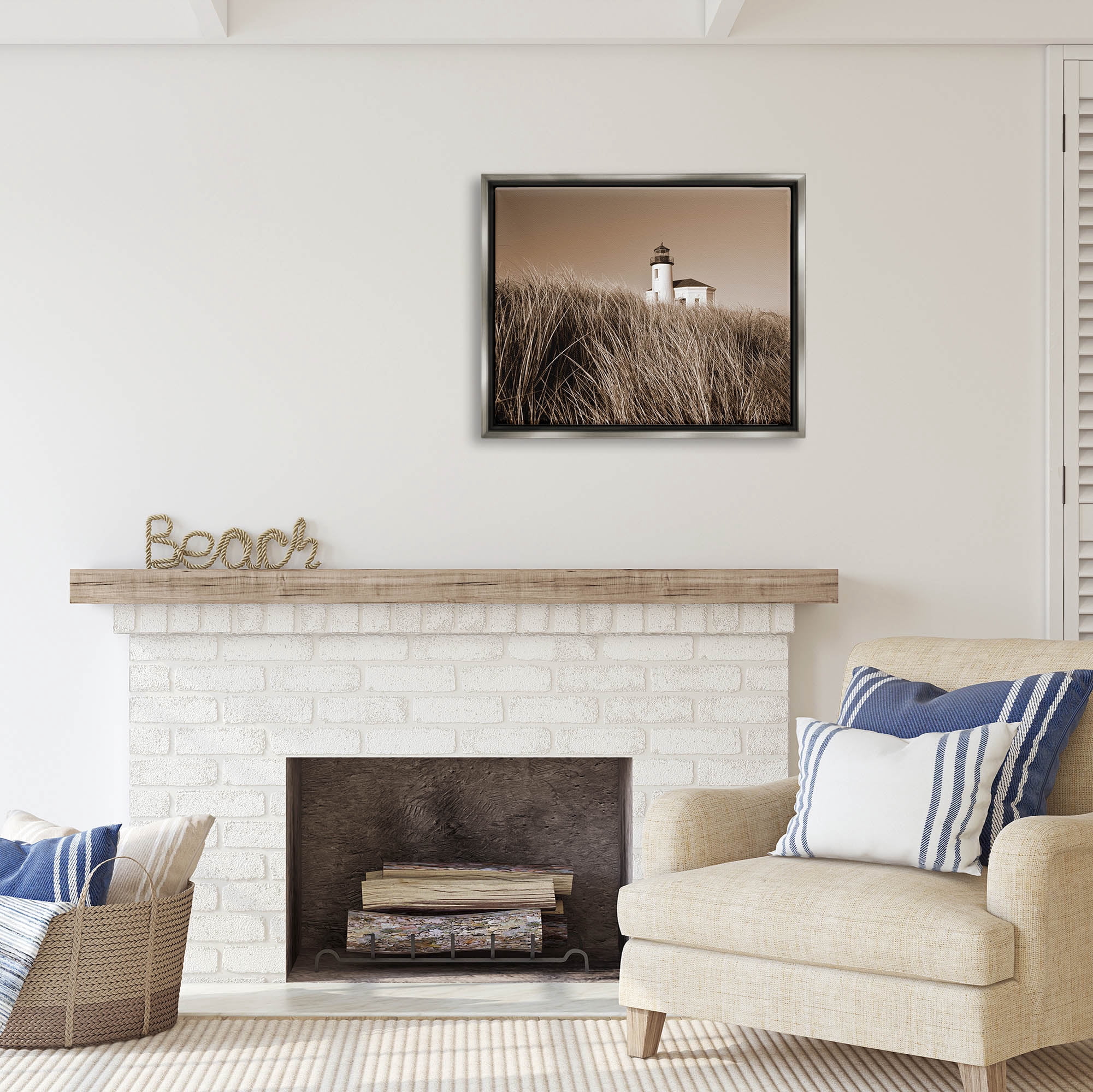 Stupell Industries Seaside Lighthouse Beach Grasses Photography Coastal Photography Gray Floater Framed Art Print Wall Art