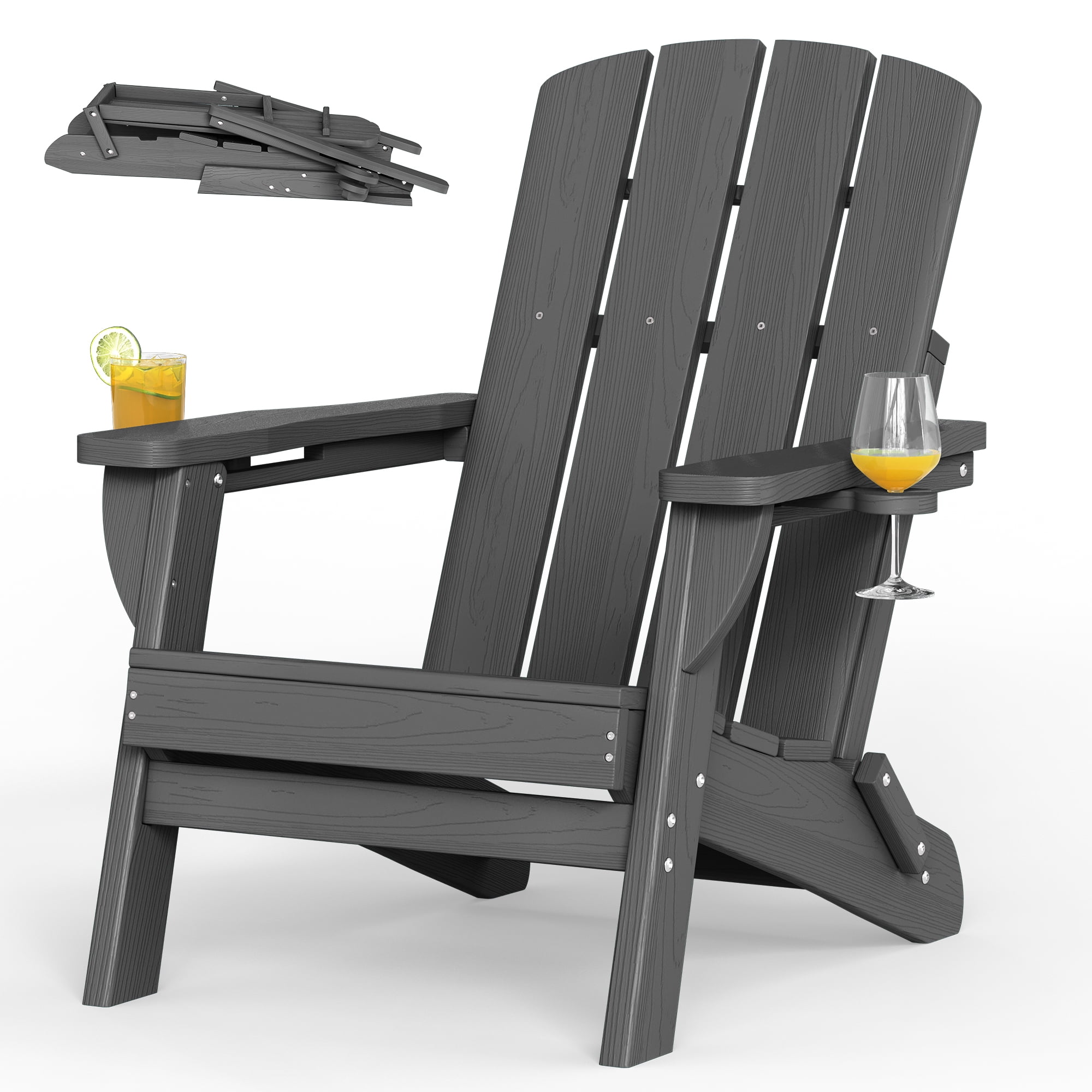 Outdoor Adirondack Chair, Outdoor Folding All-Weather HDPE Adirondack Chairs with 2 Cup Holders for Patio, Gray