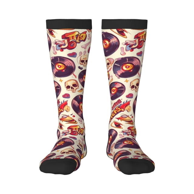 Fotbe rock music Skull record Calcetas Divertidas Estampadas para Hombre y Mujer, Calcetas de Algodón hasta la Rodilla para Caminar, Correr, Enfermería y Embarazo