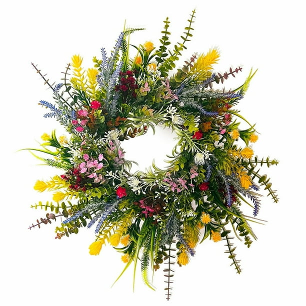 Spring Summer Wreath for Front Door Artificial Floral Door Wreath with  Vibrant Silk Flowers and Green Leaves for Home Farmhouse Holiday Decor 