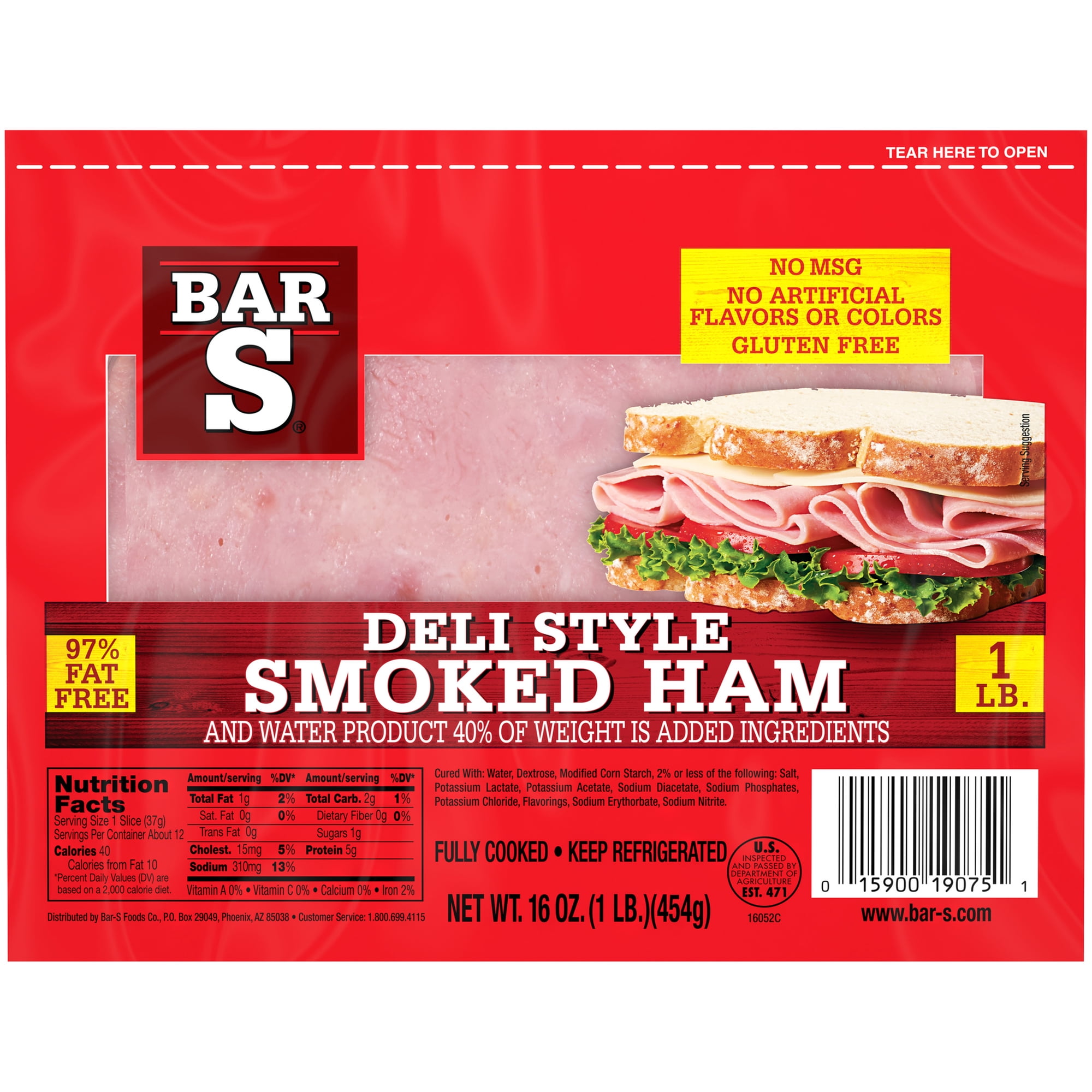 Bar-S Deli Style Smoked Ham Sliced Lunch Meat, 1 lb