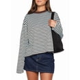 thumbnail image 2 of Women'S Striped Long Sleeve Shirts Drop Shoulder Sweatshirt Crewneck Color Block Pullover Tops Chocolate Color XL, 2 of 8