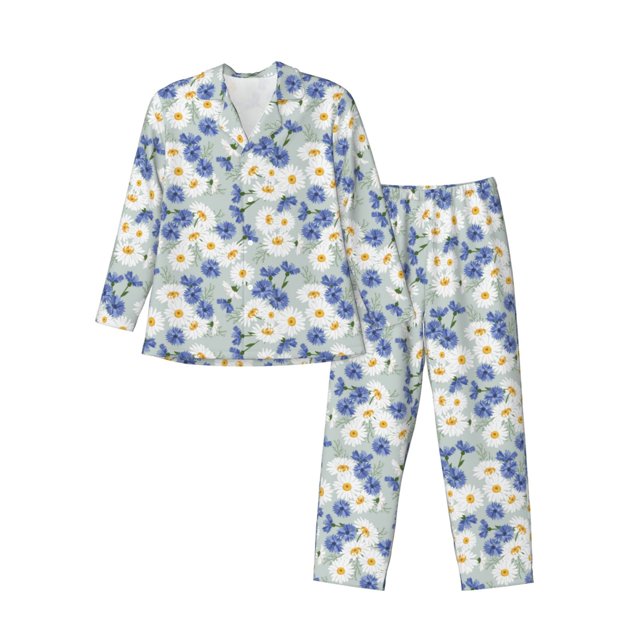 Fotbe Daisies Flowers Pijama de Hombre con Estampado de Manga Larga, Conjunto de 2 Piezas, Ropa de Dormir Suave y Cómoda con Bolsillos-Small