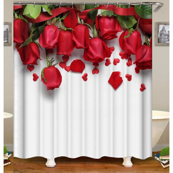Romantic Red Roses & Peach Hearts Shower Curtain Set - 72x72 Inches, Machine Washable Fabric with 12 Hooks, Digital Print Bathroom Decor
