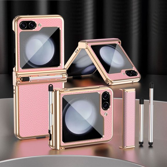 Haobuy for Samsung Galaxy Z Flip 5 Case with Pen & Two Hinges Protection Leather Plating Shockproof Business Case-Pink B