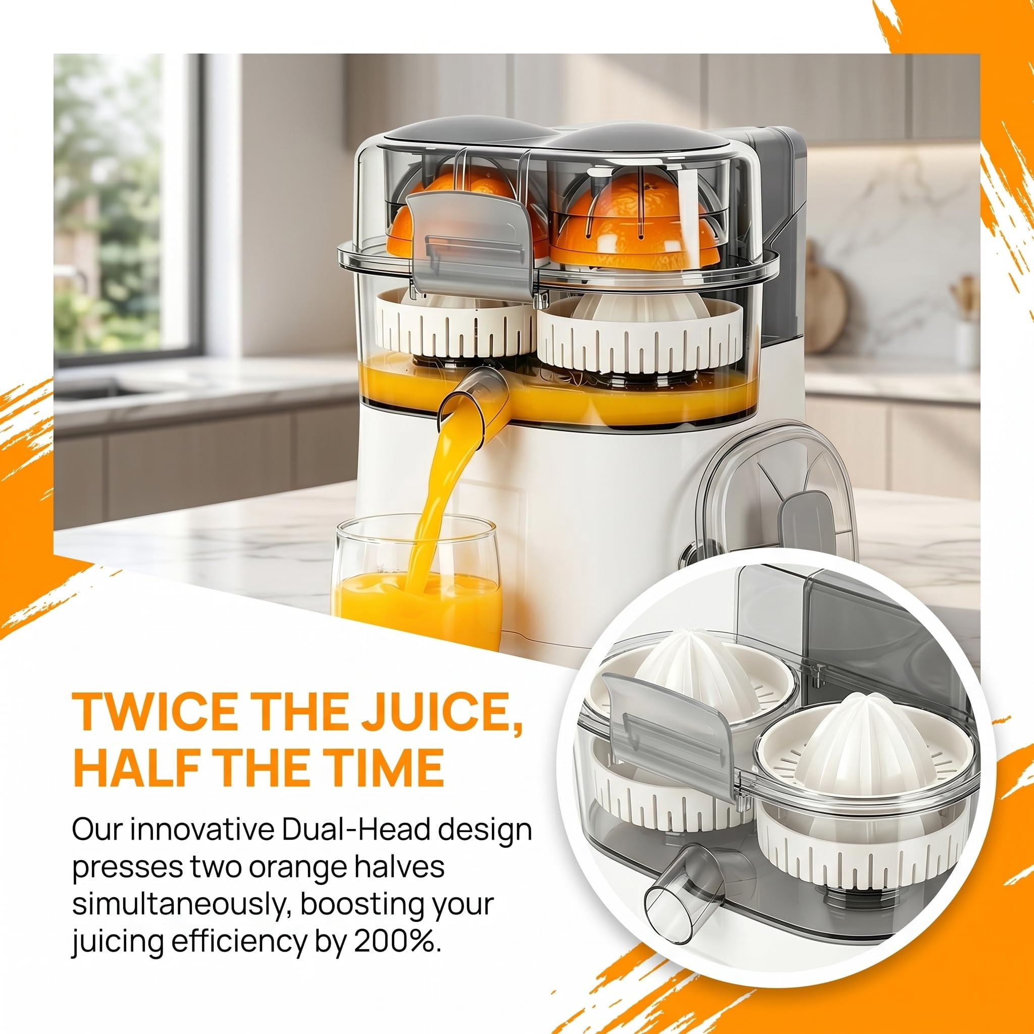 Dual-Head Automatic Citrus Juicer, Electric Orange Lemon Lime Squeezer, 1-Button Juicer Machine with Built-in Cutter, Easy to Clean & Use