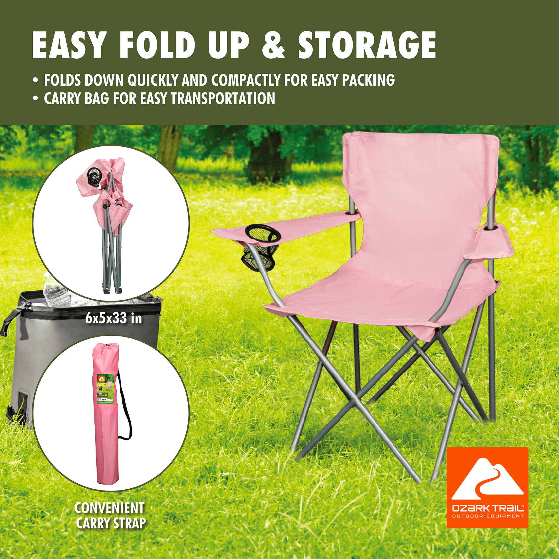 Ozark Trail Quad Folding Camp Chair with Cup Holder, Coral