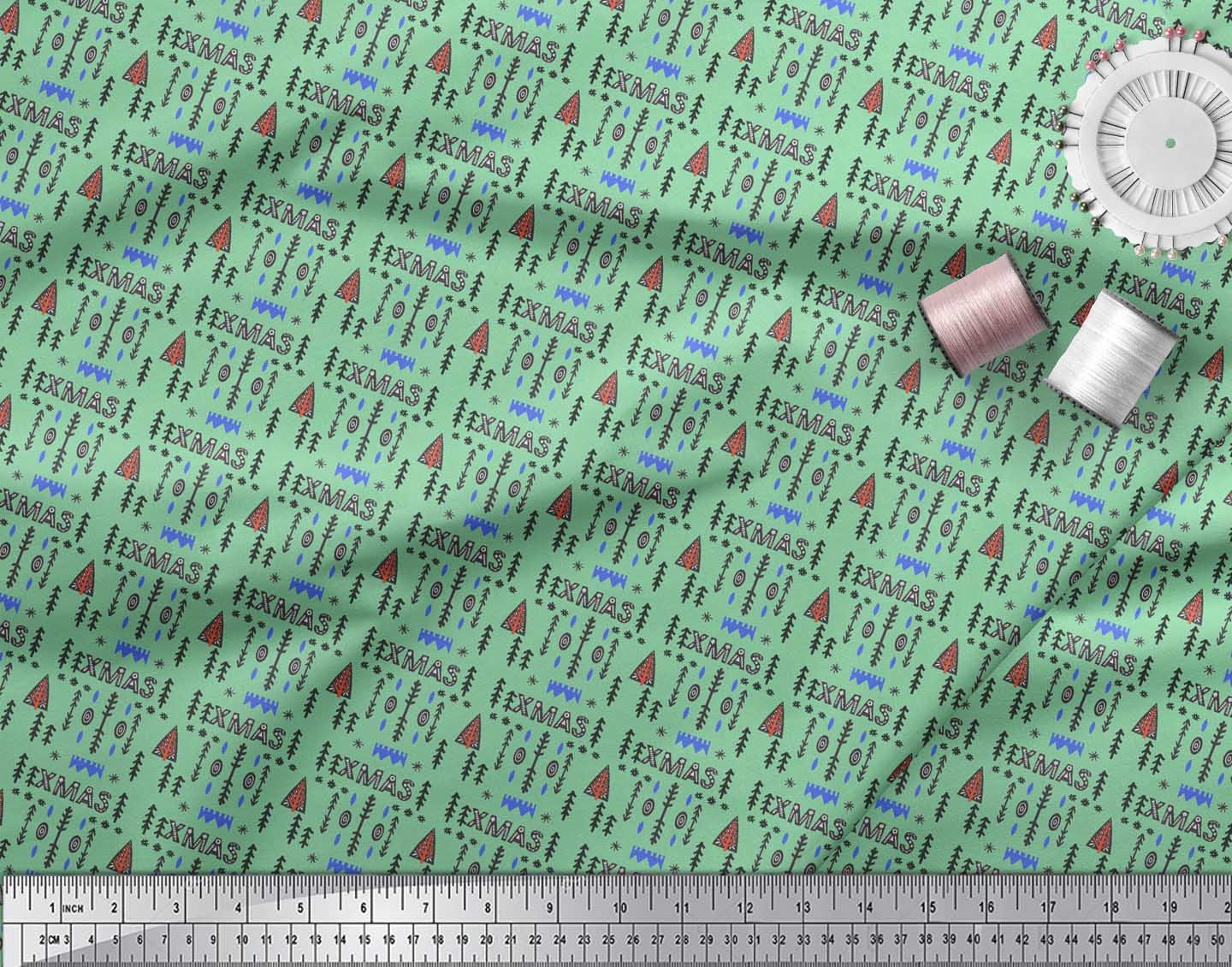 Soimoi Green Silk Fabric Text & Christmas Tree Folk Art Print Fabric by Yard 42 Inch Wide