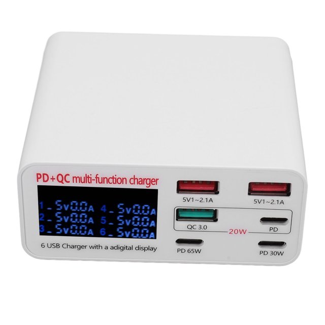 Estacia de Carga USB, Base de Carga Con Pantalla Digital PD QC3.0 de 6 Puertos de 100 W Para Teléfono iOS Pro, Protección Múltiple Con Pantalla Led Ignyfuga, Amplio